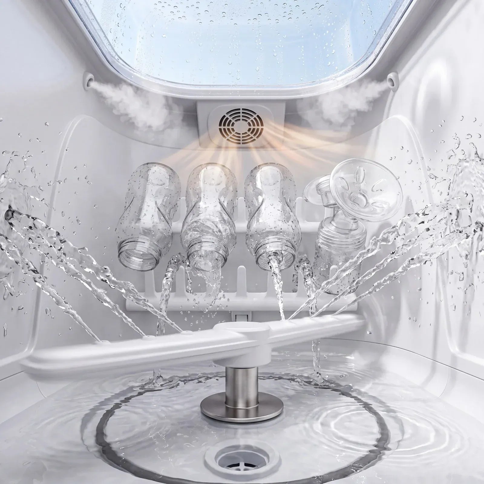 Bottle washer cleaning baby bottles with rotating water jets and steam