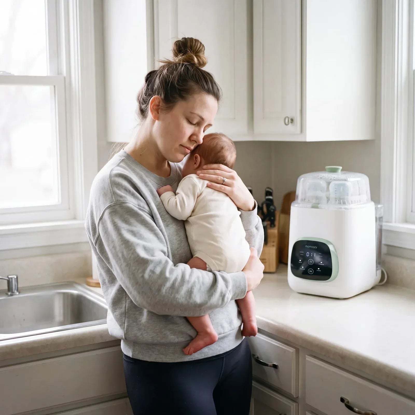 Mother holding her baby beside an automatic bottle washer and sterilizer