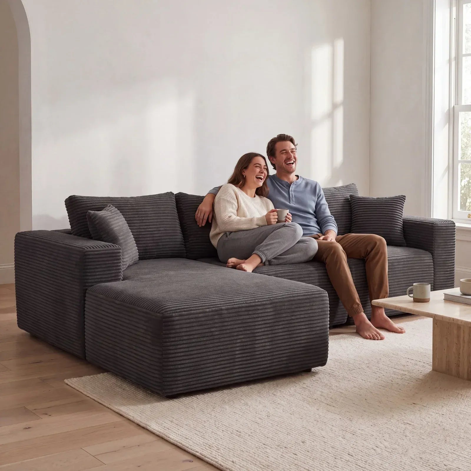 Couple relaxing together on a grey sectional sofa